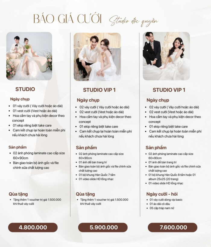 Báo giá chụp ảnh cưới Studio độc quyền